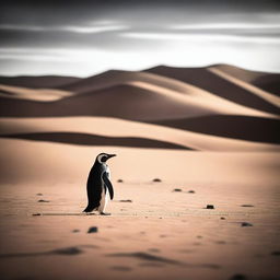 An out-of-place yet captivating image of a penguin exploring a vast desert landscape, imbuing the harsh environment with a sense of whimsicality