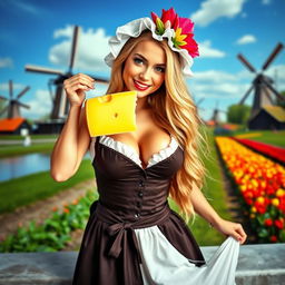 A playful, sexy Dutch girl teasingly posing with a wedge of cheese, wearing a daringly low-cut traditional Dutch dress and a charming tulip bonnet