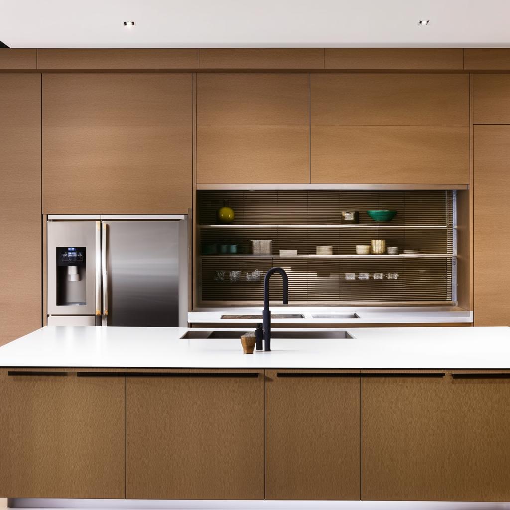 A well-designed modern kitchen of 98 square feet, making optimal use of space with streamlined cabinetry, elegant countertops, and state-of-the-art appliances.