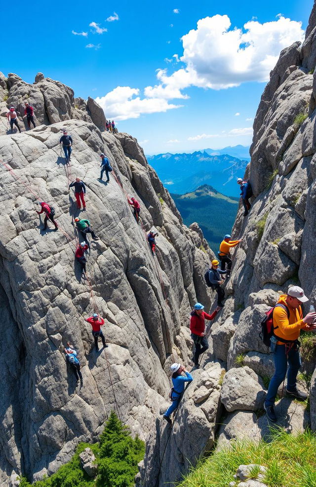 A diverse group of climbers of various backgrounds scaling a rugged mountain face, showcasing their determination and teamwork