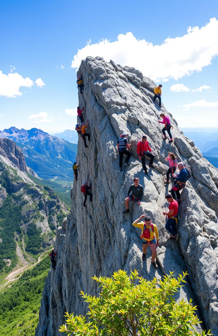 A diverse group of climbers of various backgrounds scaling a rugged mountain face, showcasing their determination and teamwork