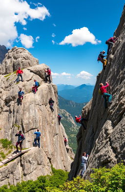 A diverse group of climbers of various backgrounds scaling a rugged mountain face, showcasing their determination and teamwork