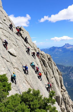 A diverse group of climbers of various backgrounds scaling a rugged mountain face, showcasing their determination and teamwork