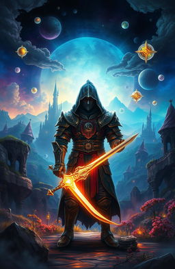 A fantasy realm background featuring enchanting landscapes, with a hooded warrior standing prominently in the center
