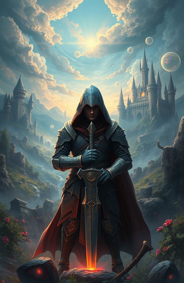 A fantasy realm background featuring enchanting landscapes, with a hooded warrior standing prominently in the center