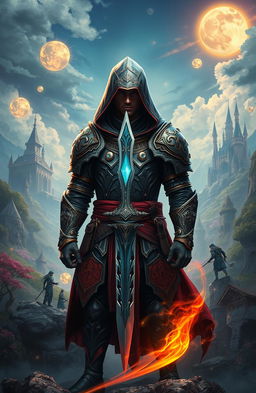 A fantasy realm background featuring enchanting landscapes, with a hooded warrior standing prominently in the center