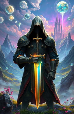 A fantasy realm background featuring enchanting landscapes, with a hooded warrior standing prominently in the center