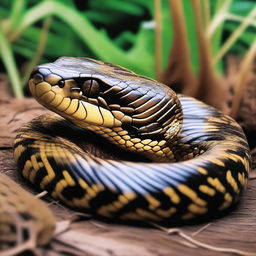 An unusual hybrid of an anaconda covered in chicken feathers, blurring the line between reptilian and avian.