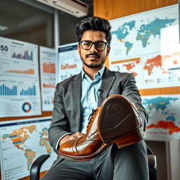 A creative representation of an epidemiologist in a professional setting, featuring the individual, Shair Muhammad Hazara, wearing a stylish leather shoe