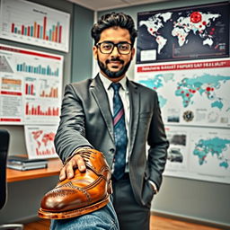 A creative representation of an epidemiologist in a professional setting, featuring the individual, Shair Muhammad Hazara, wearing a stylish leather shoe