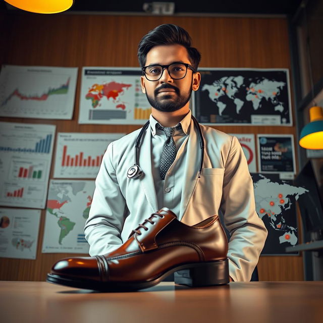 A creative representation of an epidemiologist in a professional setting, featuring the individual, Shair Muhammad Hazara, wearing a stylish leather shoe