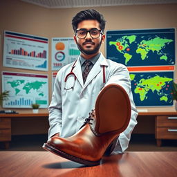 A creative representation of an epidemiologist in a professional setting, featuring the individual, Shair Muhammad Hazara, wearing a stylish leather shoe
