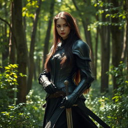 A mysterious female knight in an enchanting forest