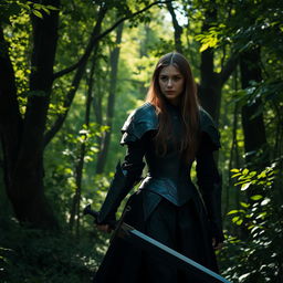 A mysterious female knight in an enchanting forest