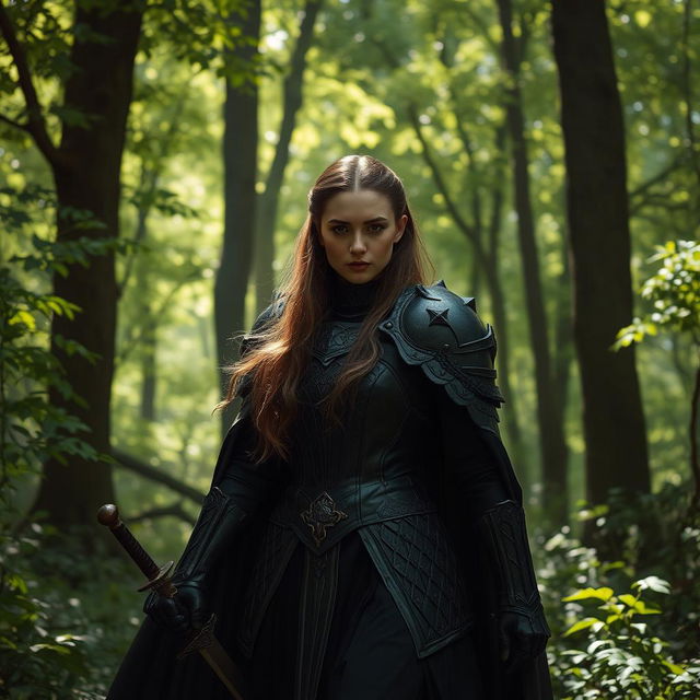 A mysterious female knight in an enchanting forest