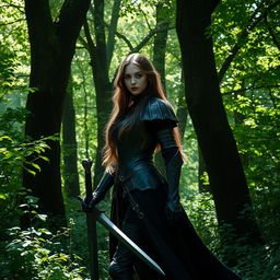 A mysterious female knight in an enchanting forest
