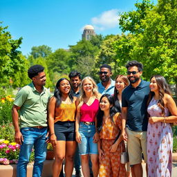 A diverse group of human beings standing together in a vibrant city park, showcasing different ethnicities, genders, and ages