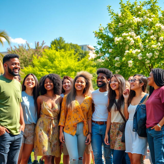 A diverse group of human beings standing together in a vibrant city park, showcasing different ethnicities, genders, and ages