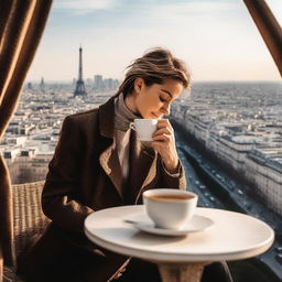 A romantic image of an individual savoring a cup of coffee atop the Eiffel Tower, with a backdrop of the Parisian cityscape in soft morning light