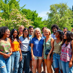 A diverse group of human beings standing together in a vibrant city park, showcasing different ethnicities, genders, and ages