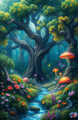 A magical fantasy forest filled with vibrant and colorful flora, towering ancient trees with luminescent leaves, and whimsical creatures like fairies and glowing mushrooms