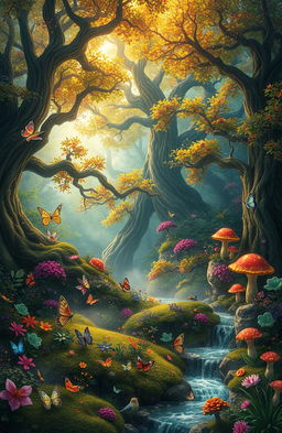 A magical fantasy forest filled with vibrant and colorful flora, towering ancient trees with luminescent leaves, and whimsical creatures like fairies and glowing mushrooms