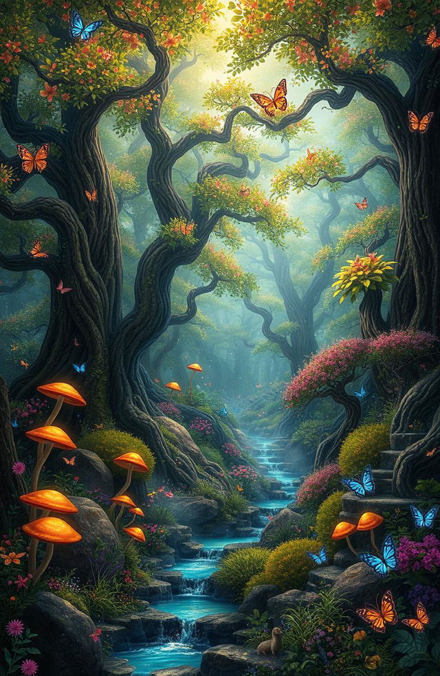 A magical fantasy forest filled with vibrant and colorful flora, towering ancient trees with luminescent leaves, and whimsical creatures like fairies and glowing mushrooms