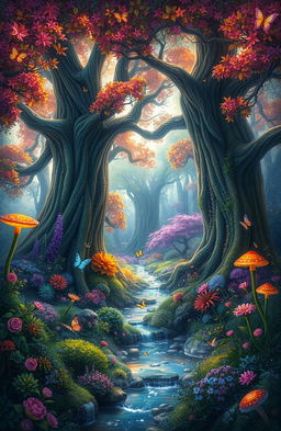 A magical fantasy forest filled with vibrant and colorful flora, towering ancient trees with luminescent leaves, and whimsical creatures like fairies and glowing mushrooms