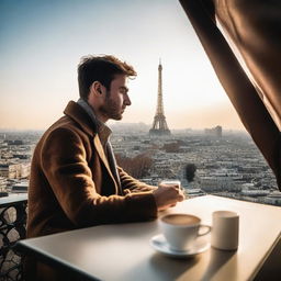 A romantic image of an individual savoring a cup of coffee atop the Eiffel Tower, with a backdrop of the Parisian cityscape in soft morning light