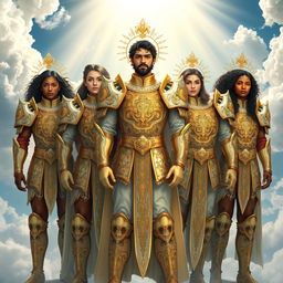 A group of diverse human beings wearing ornate, celestial armor that reflects the brilliance of divine beings, each piece intricately detailed with swirling patterns, celestial motifs, and symbols of protection