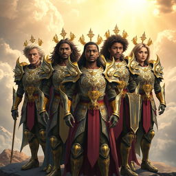 A group of diverse human beings wearing ornate, celestial armor that reflects the brilliance of divine beings, each piece intricately detailed with swirling patterns, celestial motifs, and symbols of protection