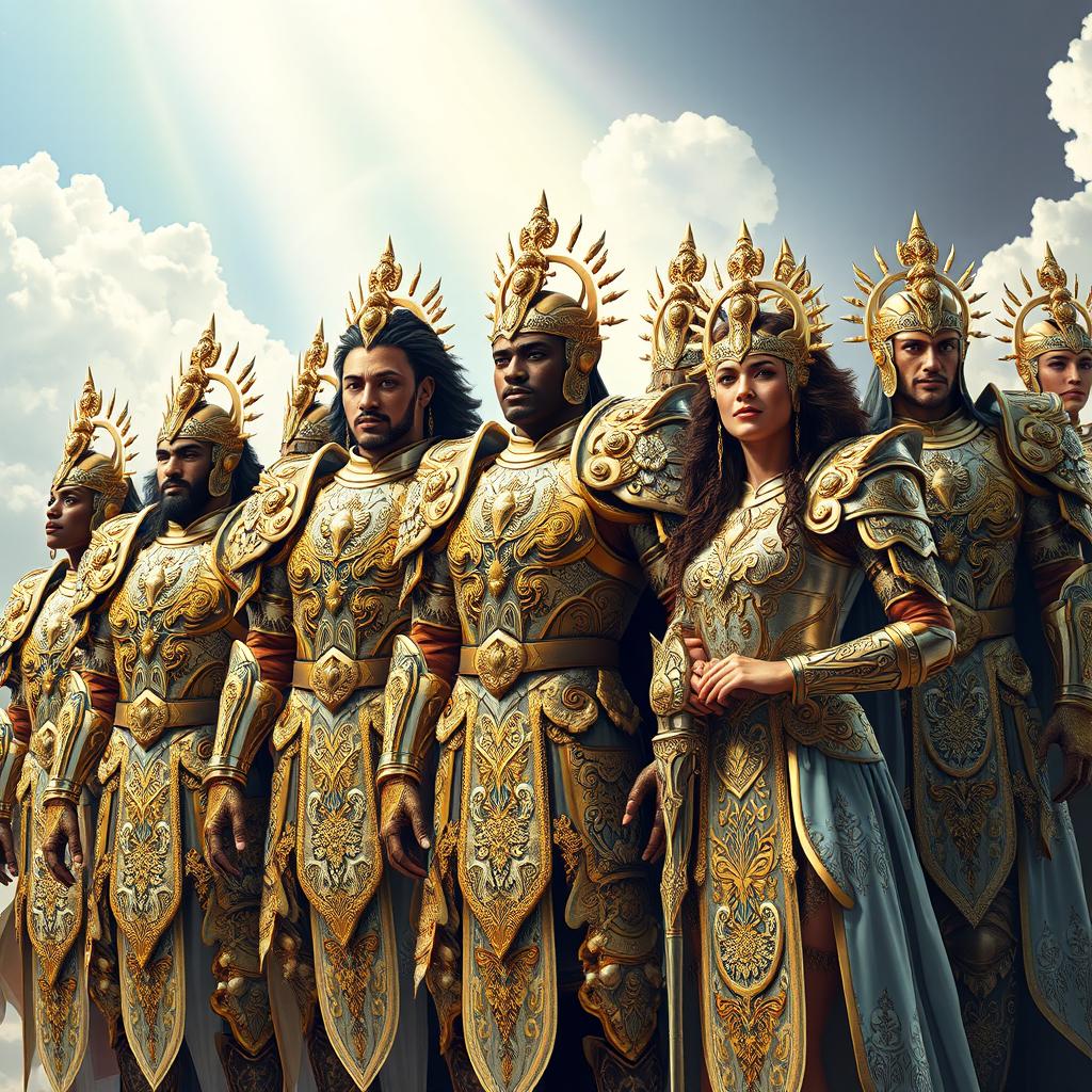 A group of diverse human beings wearing ornate, celestial armor that reflects the brilliance of divine beings, each piece intricately detailed with swirling patterns, celestial motifs, and symbols of protection