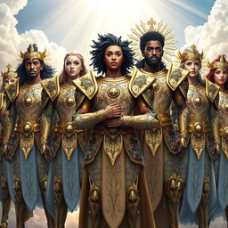 A group of diverse human beings wearing ornate, celestial armor that reflects the brilliance of divine beings, each piece intricately detailed with swirling patterns, celestial motifs, and symbols of protection