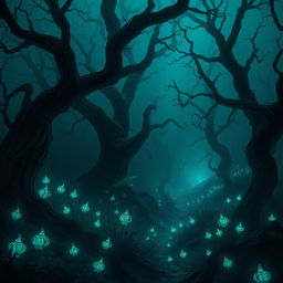 A mysterious fantasy forest shrouded in mist and shadows, with twisted trees that have gnarled branches and dark bark