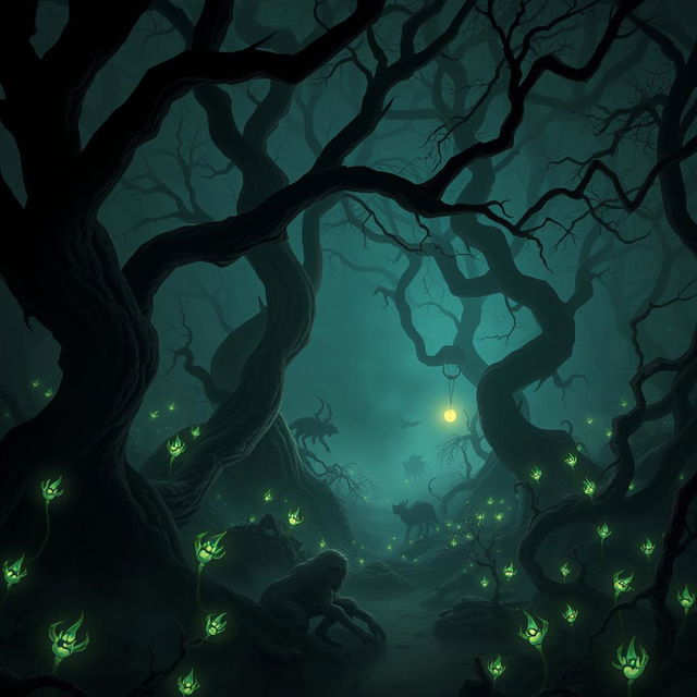 A mysterious fantasy forest shrouded in mist and shadows, with twisted trees that have gnarled branches and dark bark