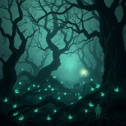 A mysterious fantasy forest shrouded in mist and shadows, with twisted trees that have gnarled branches and dark bark