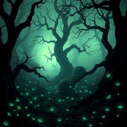 A mysterious fantasy forest shrouded in mist and shadows, with twisted trees that have gnarled branches and dark bark