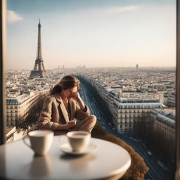 A romantic image of an individual savoring a cup of coffee atop the Eiffel Tower, with a backdrop of the Parisian cityscape in soft morning light