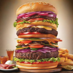 A grand image of the world's largest burger, towering high with cascades of vibrant toppings, offering a feast for the eyes.