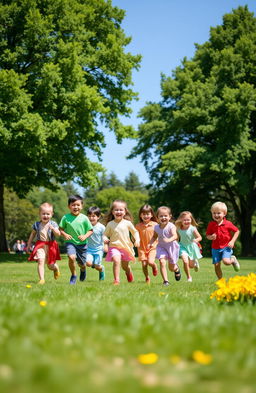 A serene park scene showcasing a group of cheerful children playing outside in nature, engaged in traditional games like tag and hide and seek, with lush green trees and bright flowers around them