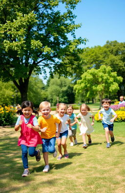 A serene park scene showcasing a group of cheerful children playing outside in nature, engaged in traditional games like tag and hide and seek, with lush green trees and bright flowers around them