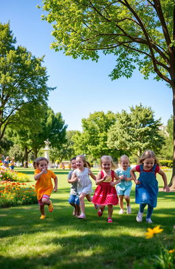 A serene park scene showcasing a group of cheerful children playing outside in nature, engaged in traditional games like tag and hide and seek, with lush green trees and bright flowers around them