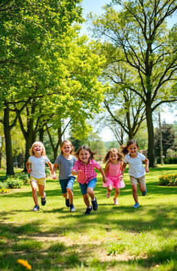 A serene park scene showcasing a group of cheerful children playing outside in nature, engaged in traditional games like tag and hide and seek, with lush green trees and bright flowers around them