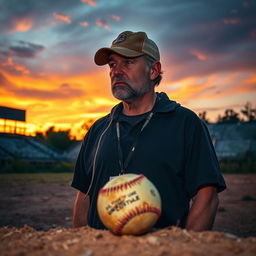 A dramatic scene of a sports coach reflecting on his difficult childhood, standing on a deserted training field during sunset