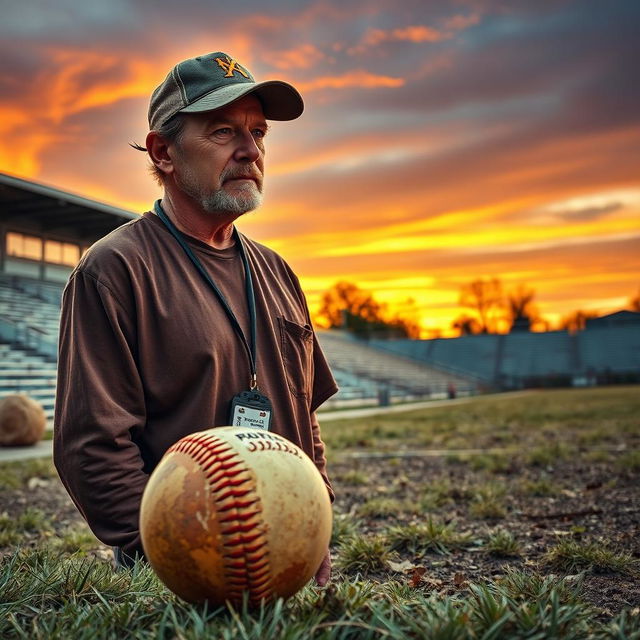 A dramatic scene of a sports coach reflecting on his difficult childhood, standing on a deserted training field during sunset