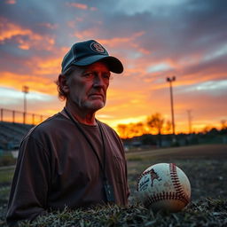 A dramatic scene of a sports coach reflecting on his difficult childhood, standing on a deserted training field during sunset