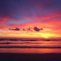 A breathtakingly beautiful dreamy sunset over a tranquil ocean, with vibrant hues of orange, pink, and purple blending seamlessly in the sky