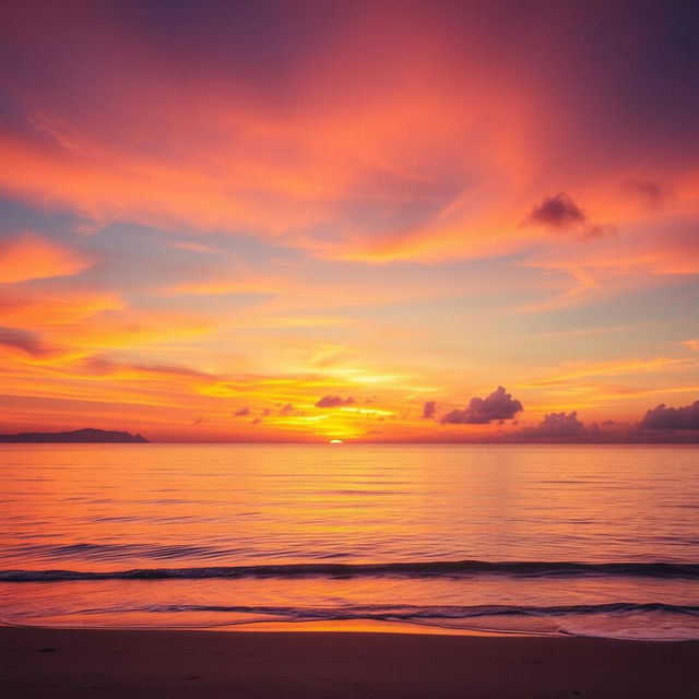 A breathtakingly beautiful dreamy sunset over a tranquil ocean, with vibrant hues of orange, pink, and purple blending seamlessly in the sky