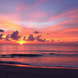 A breathtakingly beautiful dreamy sunset over a tranquil ocean, with vibrant hues of orange, pink, and purple blending seamlessly in the sky