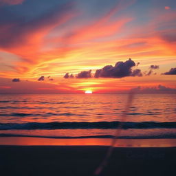 A breathtakingly beautiful dreamy sunset over a tranquil ocean, with vibrant hues of orange, pink, and purple blending seamlessly in the sky